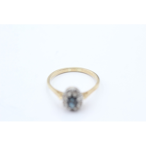 106 - 9ct gold blue gemstone & diamond cluster ring (2.2g) Size Q