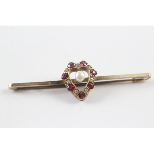 110 - 15ct gold antique ruby, pearl & diamond heart brooch (4.7g)