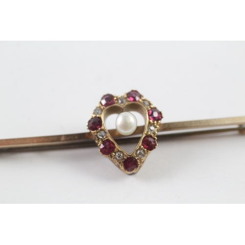 110 - 15ct gold antique ruby, pearl & diamond heart brooch (4.7g)