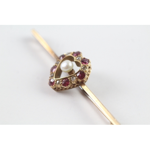 110 - 15ct gold antique ruby, pearl & diamond heart brooch (4.7g)