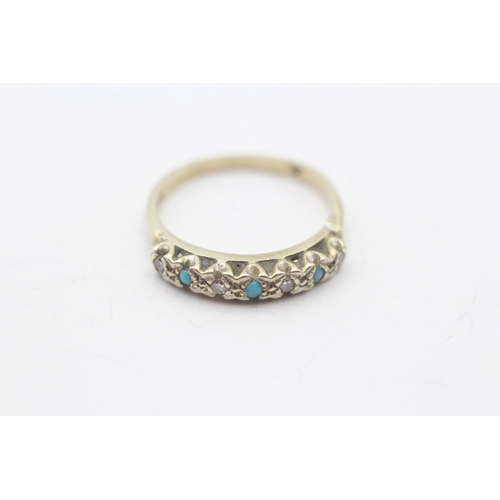 116 - 9ct gold turquoise & diamond half eternity ring (2g) Size K