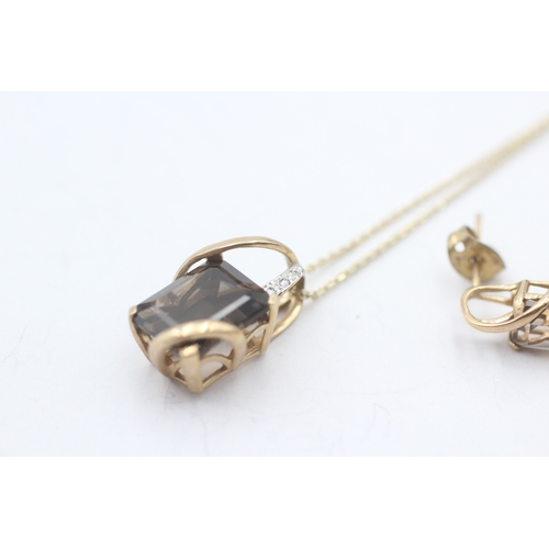 12 - 2x 9ct gold smokey quartz & diamond earrings & necklace set (5.2g)