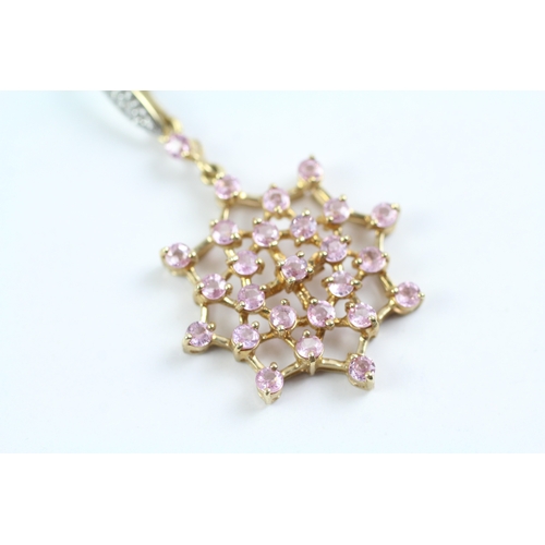 133 - 9ct gold pink sapphire and diamond cluster pendant w/ 9ct gold chain (3.2g)