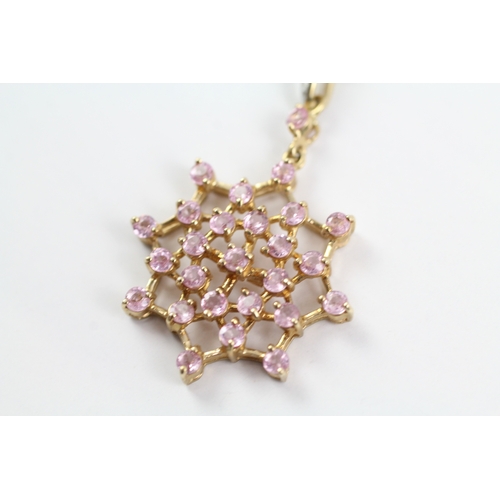 133 - 9ct gold pink sapphire and diamond cluster pendant w/ 9ct gold chain (3.2g)