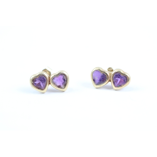 150 - 9ct gold heart cut amethyst stud earrings (0.7g)