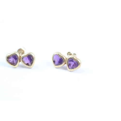 150 - 9ct gold heart cut amethyst stud earrings (0.7g)