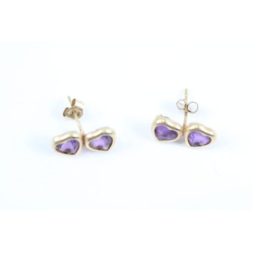 150 - 9ct gold heart cut amethyst stud earrings (0.7g)