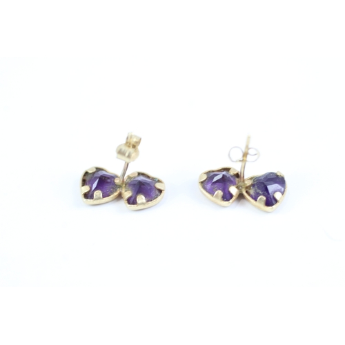 150 - 9ct gold heart cut amethyst stud earrings (0.7g)