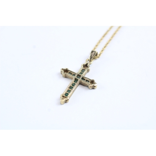 166 - 9ct gold green gemstone and diamond cross pendant w/ 9ct gold chain (3.4g)