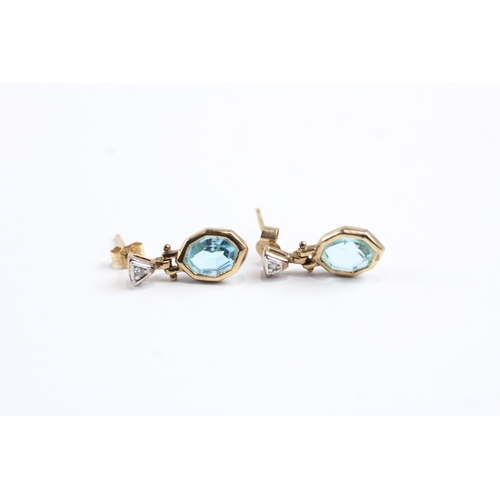 182 - 9ct gold blue gemstone drop earrings w/ posts (1.5g)