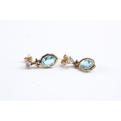 182 - 9ct gold blue gemstone drop earrings w/ posts (1.5g)