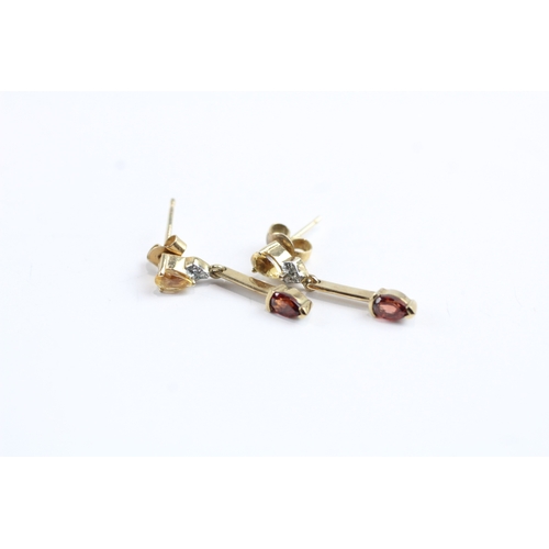 188 - 9ct gold garnet, citrine and diamond drop earrings w/ posts (1.9g)