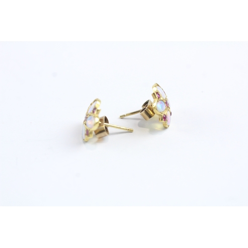 190 - 9ct gold vintage opal and ruby floral stud earrings (1.7g)