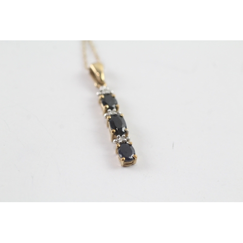 212 - 9ct gold sapphire and diamond bar drop pendant w/ 9ct gold chain (1.1g)