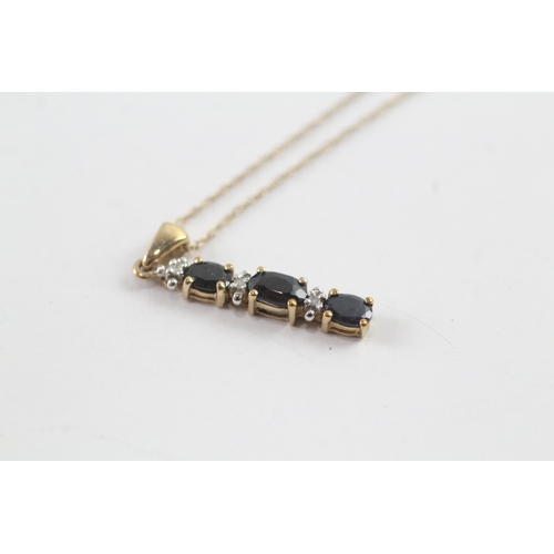 212 - 9ct gold sapphire and diamond bar drop pendant w/ 9ct gold chain (1.1g)