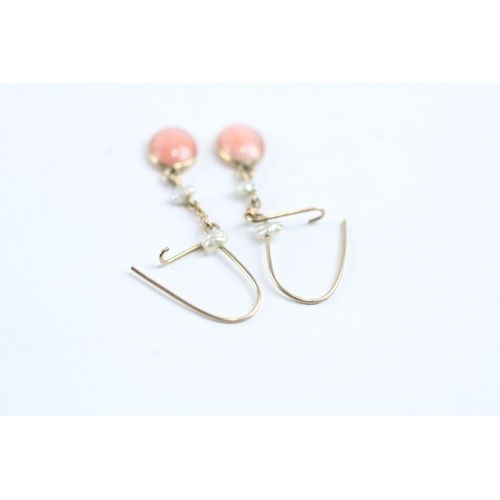 228 - 9ct gold vintage coral and pearl drop earrings w/ shepherd hooks (0.8g)