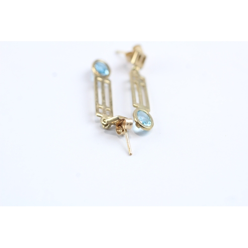 237 - 9ct gold blue gemstone Celtic design drop earrings w/ posts (1.7g)