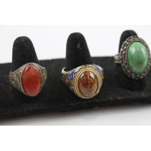 265 - Collection of Silver Chinese Export Rings inc. Gemstone, Enamel x 4 29g