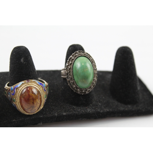 265 - Collection of Silver Chinese Export Rings inc. Gemstone, Enamel x 4 29g