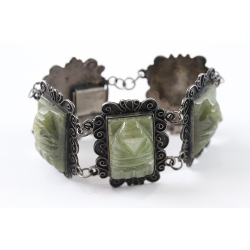 269 - Mexico Sterling Silver Carved Gemstone Panel Bracelet 68g