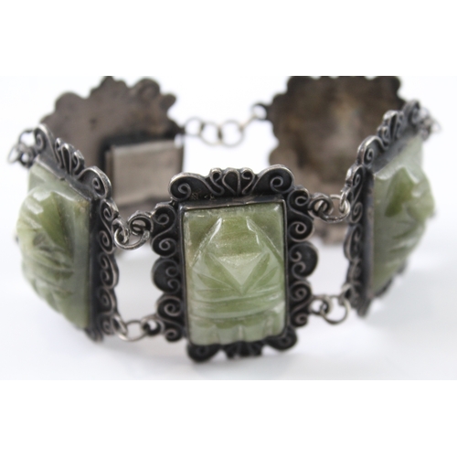 269 - Mexico Sterling Silver Carved Gemstone Panel Bracelet 68g