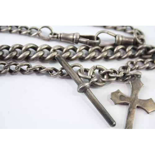 306 - Antique Sterling Silver Watch Chain w/ Graduated Curb Link, Cross 50g