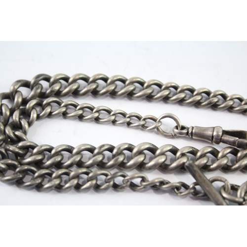 306 - Antique Sterling Silver Watch Chain w/ Graduated Curb Link, Cross 50g