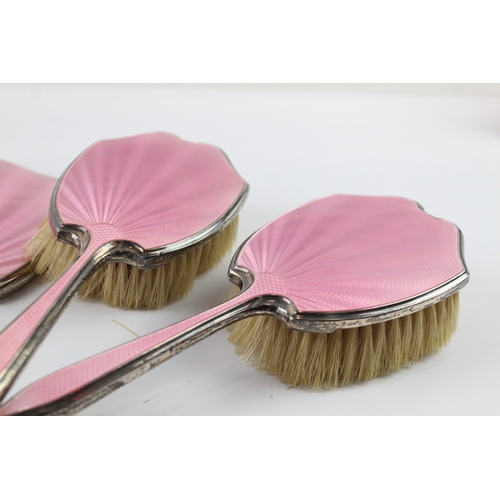 330 - 5 x Vintage 1935 Birmingham Sterling Silver Pink Guilloche Enamel Vanity (696g)