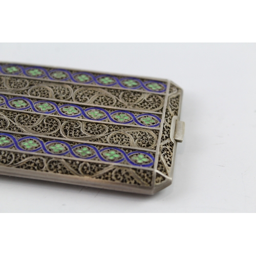 332 - Antique / Vintage .800 Silver Filigree & Enamel Ladies Cigarette Case (69g)