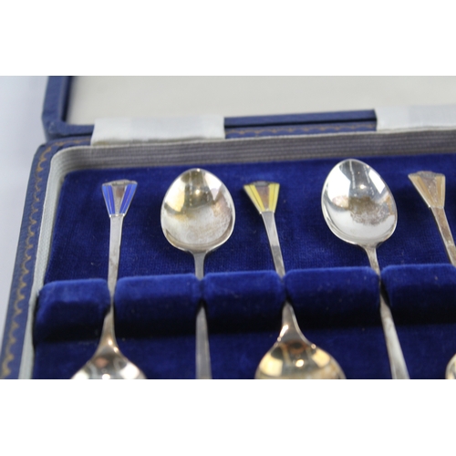 344 - 6 x Vintage 1950 Birmingham Sterling Silver Enamel Detailed Spoons (42g)