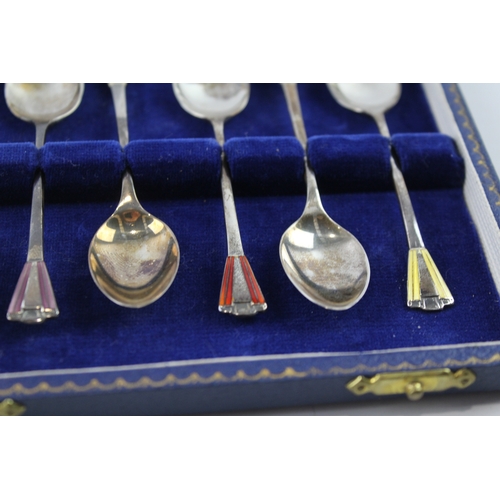 344 - 6 x Vintage 1950 Birmingham Sterling Silver Enamel Detailed Spoons (42g)