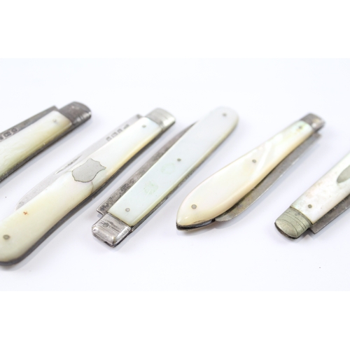 348 - 5 x Antique .925 Sterling Silver Mother of Pearl Fruit Knives (104g)