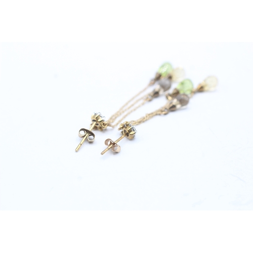 35 - 9ct gold faceted smokey quartz, citrine, peridot & diamond drop earrings (2.3g)