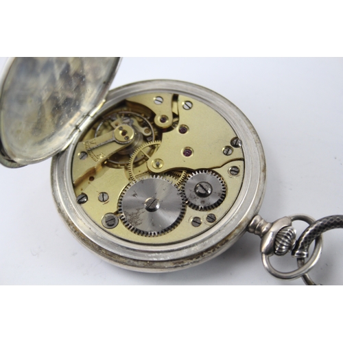 419 - Vintage Favor Niello Full Hunter Silver Pocket Watch Hand-Wind WATCH RUNS