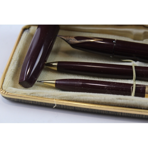 434 - Vintage Sheaffer PFM Pen For Men Burgundy Fountain Pen Set w/ 14ct Nib, Box Etc