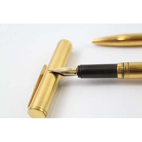 453 - Vintage DUNHILL Gold Plated Cased Fountain Pen Set w/ 14ct Gold Nib WRITING