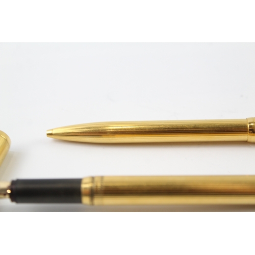 453 - Vintage DUNHILL Gold Plated Cased Fountain Pen Set w/ 14ct Gold Nib WRITING