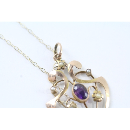 50 - 9ct gold art nouveau amethyst and seed pearl pendant w/ 9ct gold chain (1.9g)