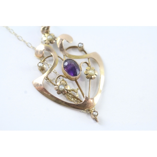 50 - 9ct gold art nouveau amethyst and seed pearl pendant w/ 9ct gold chain (1.9g)