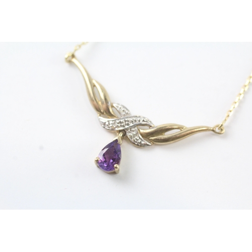 52 - 9ct gold amethyst and diamond static pendant necklace (2g)