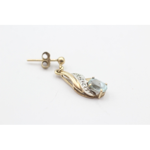 53 - 9ct gold blue gemstone & diamond drop earrings (1.8g)