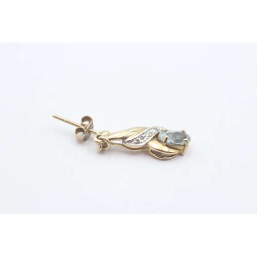 53 - 9ct gold blue gemstone & diamond drop earrings (1.8g)