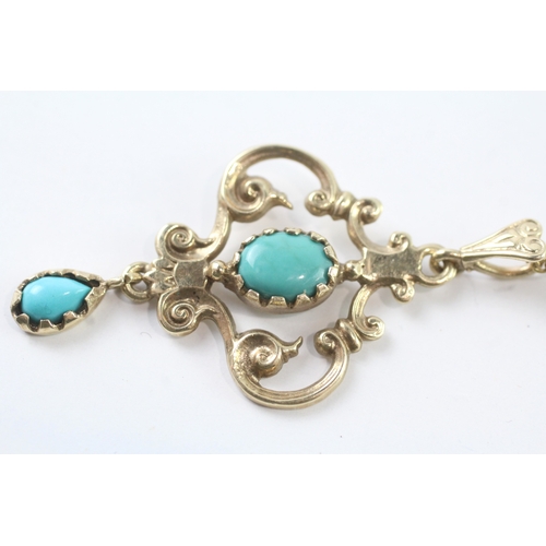 60 - 9ct gold art nouveau turquoise pendant w/ 9ct gold chain (4.9g)