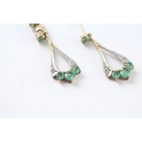 66 - 9ct gold emerald and diamond drop earrings w/ posts (1.5g)