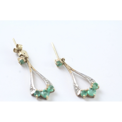 66 - 9ct gold emerald and diamond drop earrings w/ posts (1.5g)