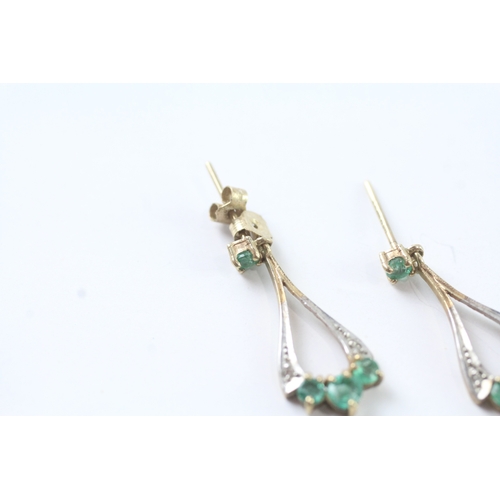 66 - 9ct gold emerald and diamond drop earrings w/ posts (1.5g)