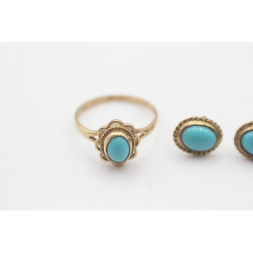 8 - 2x 9ct gold turquoise ring & stud earrings (3.4g) Size M