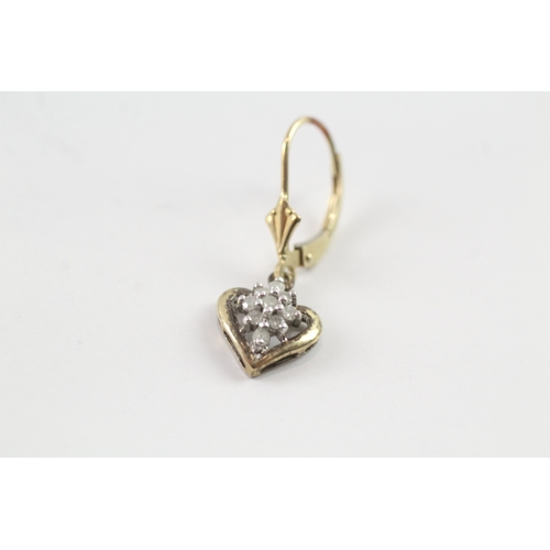 116 - 9ct gold diamond cluster heart drop earrings w/ hinged backs (1.8g)