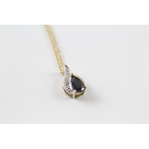 130 - 9ct gold pear cut sapphire & diamond pendant necklace (1.3g)