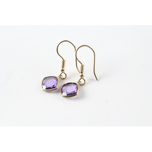 148 - 9ct gold amethyst drop earrings w/ shepherd hooks (1.7g)